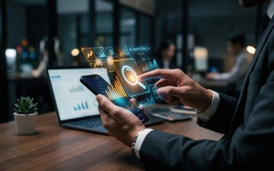 Auf dem Bild wird ein Handy mit Hologramfunktion bedient. Im Hintergrund ein Laptop der Graphen zeigt.